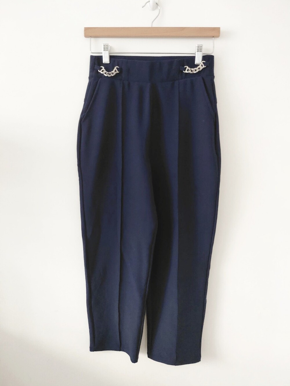 Navy High-Waist Tapered Pants with Silver Chain Detail